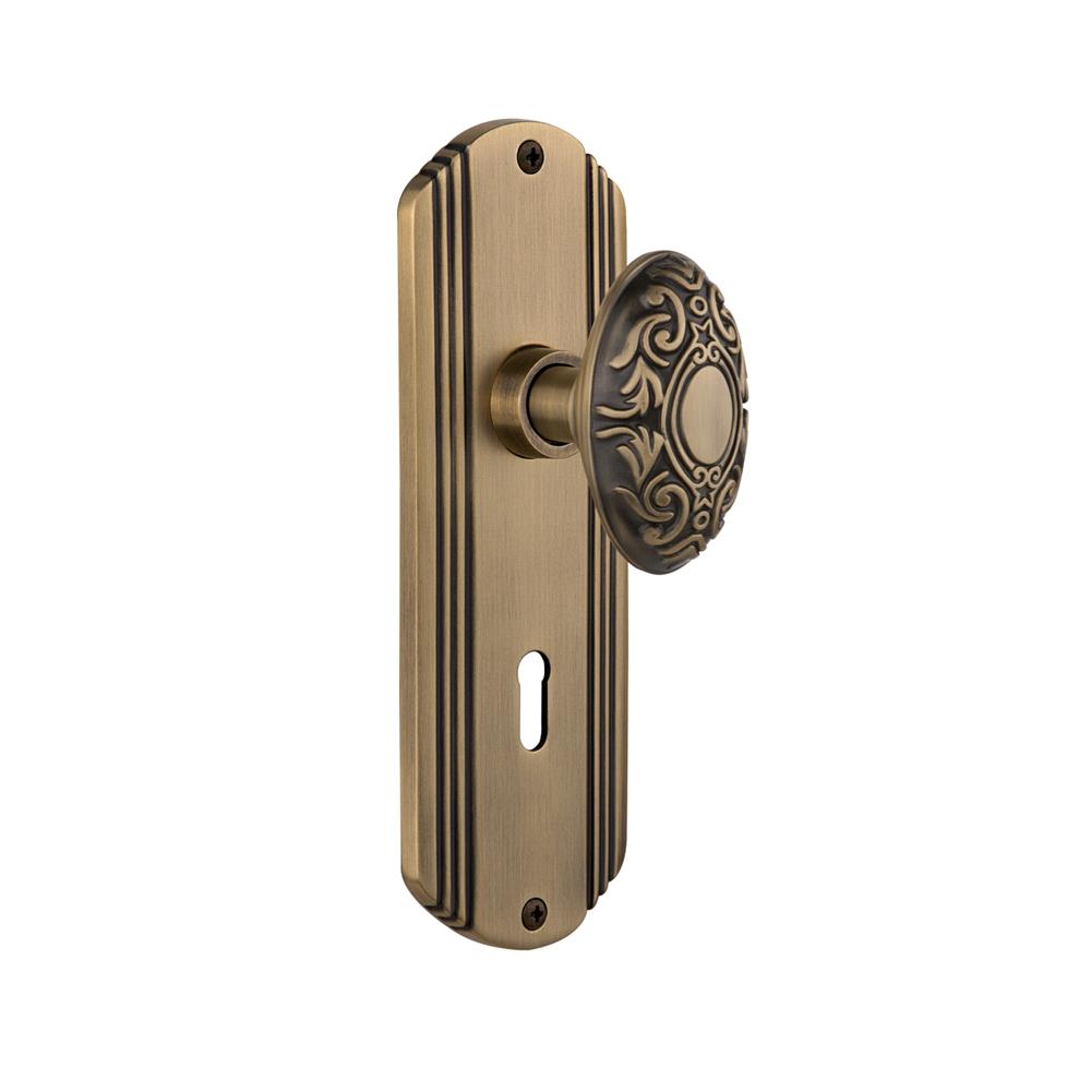 Nostalgic Warehouse DECVIC Complete Mortise Lockset Deco Plate with Victorian Knob in Antique Brass
